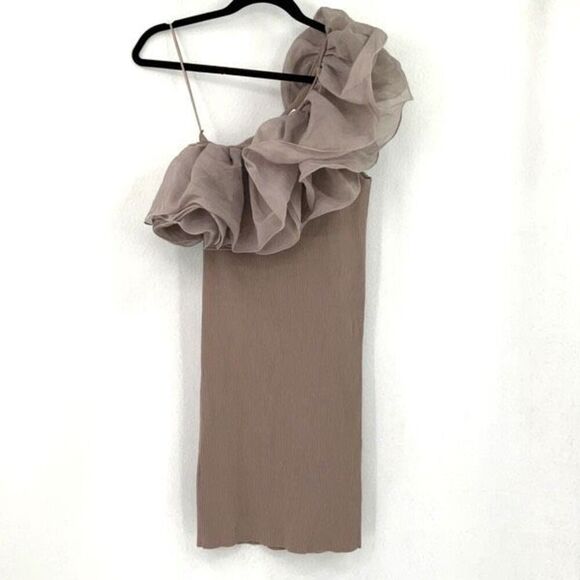 NWT Zara Gray One Shoulder Ruffle Knit Organza Mini Dress Large - Picture 2 of 9